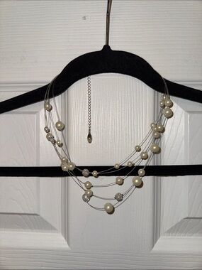 Multi-Strand Pearl and Crystal Necklace - White